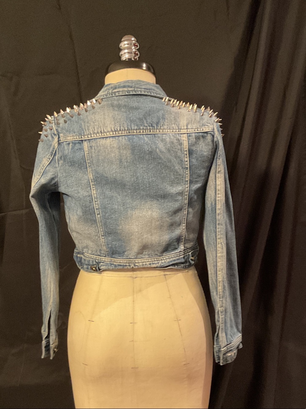 Studded Light Wash Denim Crop Jacket - Blue - Picture 3 of 5